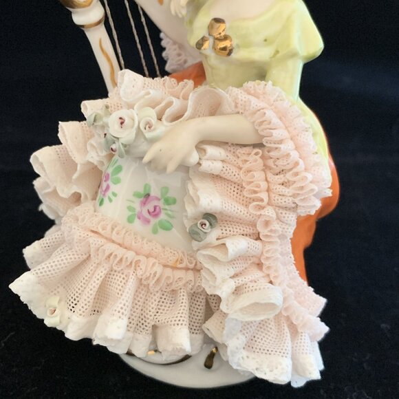 Unterweissbach Dresden Porcelain Lace Figurine Lady With Harp Germany Vintage - Picture 7 of 13